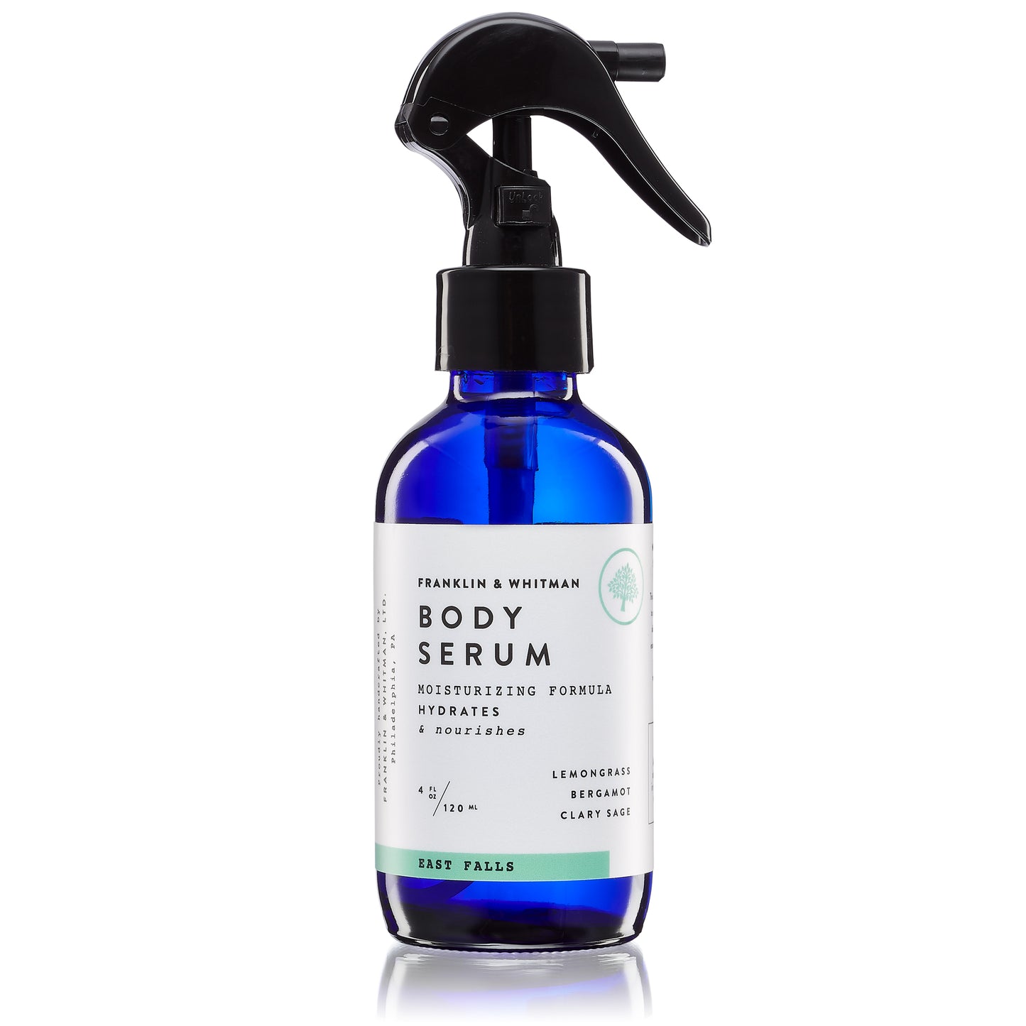 Vegan, plant based, cruelty free East Falls Body Serum bottle for skin care