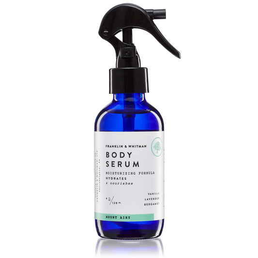 Vegan, plant based, cruelty free Mount Airy Body serum bottle for skin care