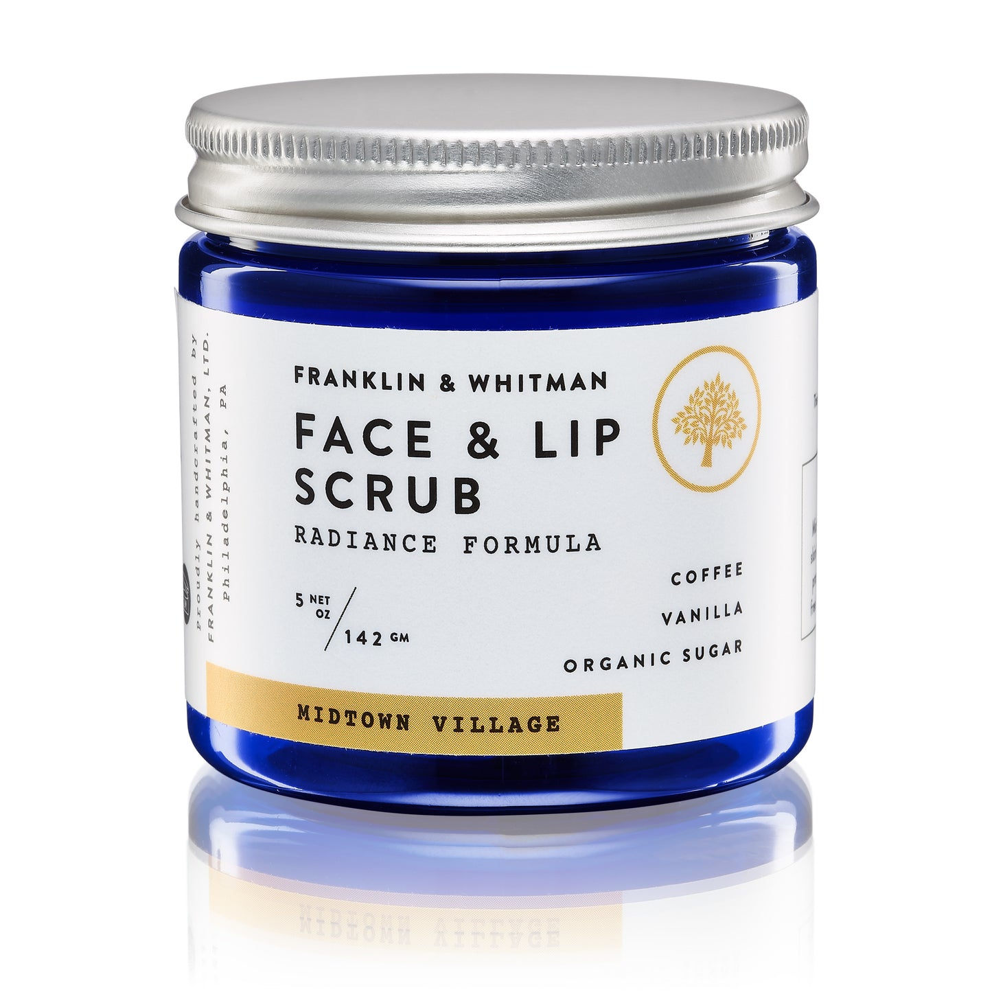 Vegan, plant based, cruelty free Midtown Village Face and Lip Scrub jar for skin care