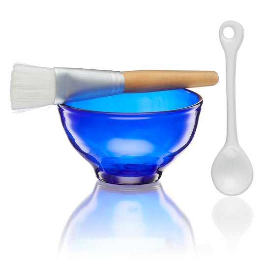 Recycled blue glass Mask Bowl Kit featuring application brush and spoon for mask mixing